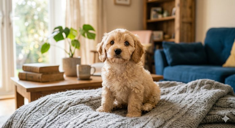 New puppy sitting on a soft blanket at home on their first day, looking curious and slightly unsure