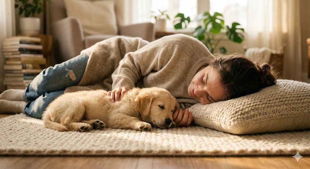 Owner and puppy sharing a calm bonding moment on the floor after a successful first week of training