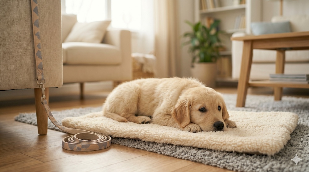 Calm puppy settled on a mat next to a tether, demonstrating impulse control and bite prevention management