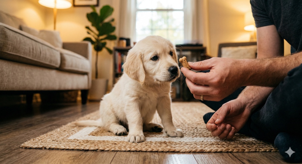 Owner making eye contact with a young puppy during a name recognition training session indoors