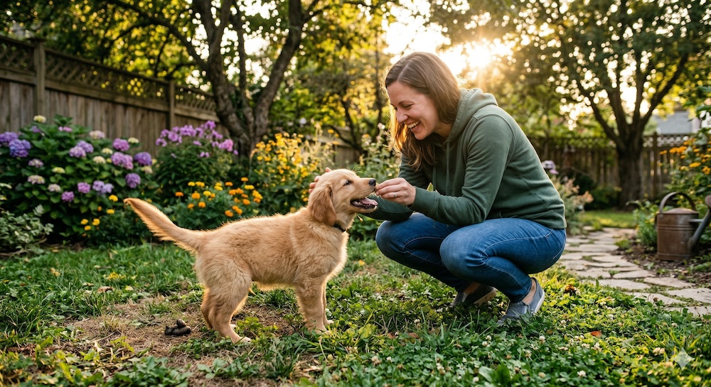 Owner rewarding puppy with a treat outdoors immediately after going to the bathroom