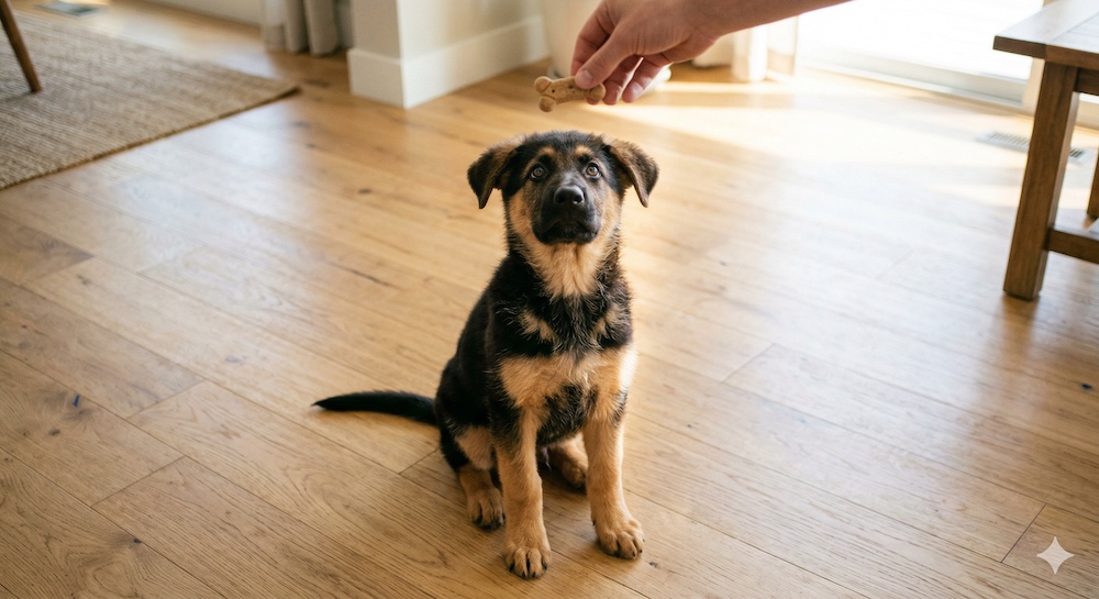 Puppy successfully performing a sit command for the first time with owner holding a treat overhead