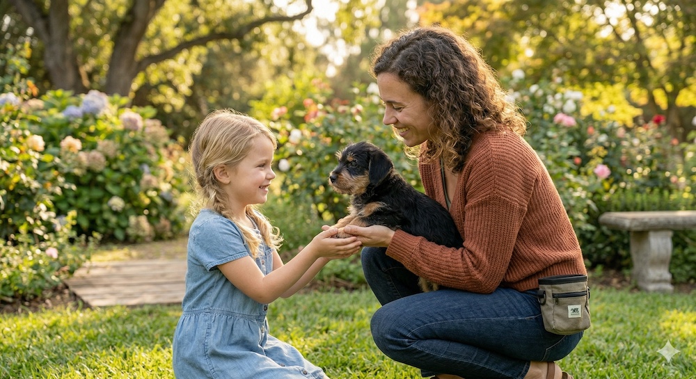 Young puppy being gently introduced to a new person outdoors during the critical socialization window
