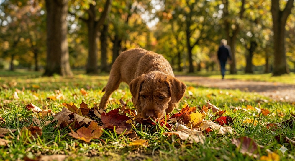 A curious young puppy exploring an outdoor environment safely during the critical socialization window