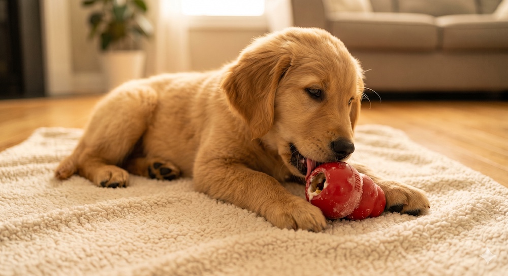 Puppy chewing on a frozen Kong toy for teething relief, showing an appropriate biting outlet