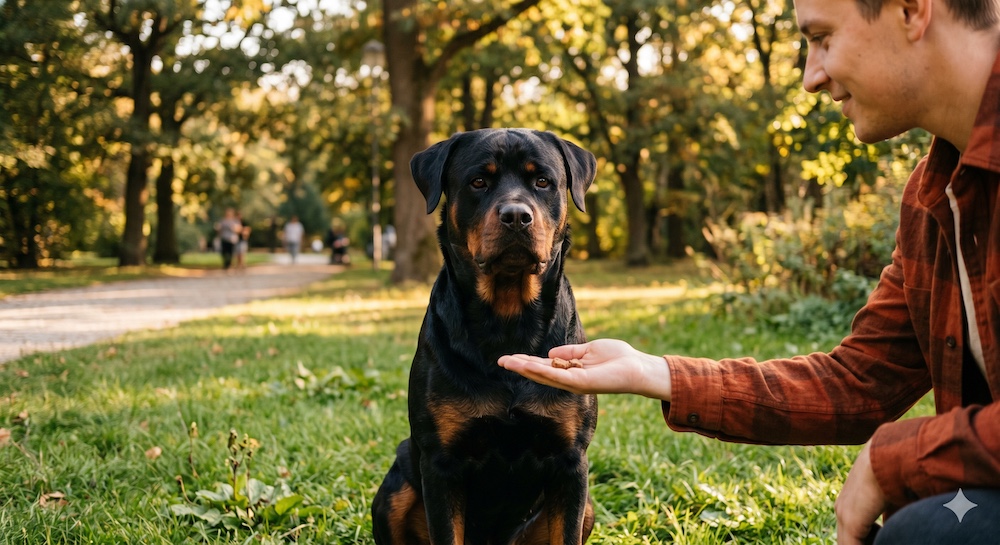 Rottweiler sitting calmly and attentively in front of its owner during a positive reinforcement training session outdoors