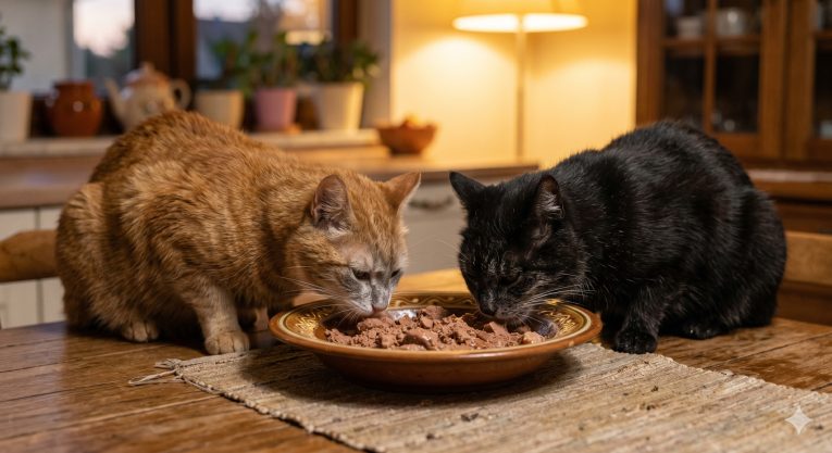Senior cats with a grey muzzle eating from a wide flat ceramic bowl, representing the specific nutritional needs of aging cats