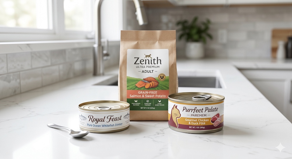 Three premium senior cat food products lined up on a clean surface, representing vet-reviewed top picks for aging cats