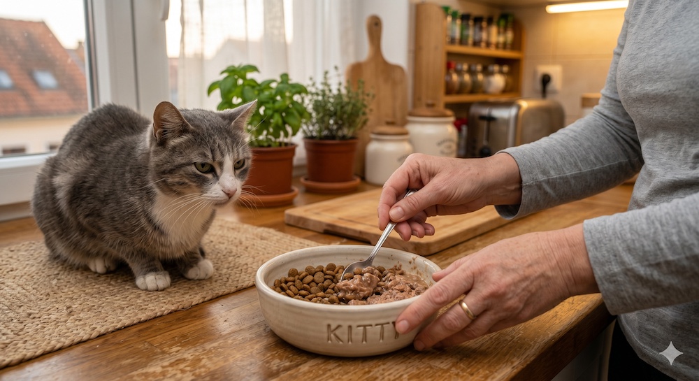 Owner mixing old and new cat food in a bowl for a senior cat, showing the gradual transition process
