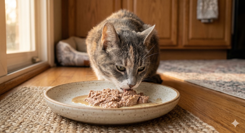 Senior cat with a grey muzzle eating soft wet food from a wide flat bowl, showing the appropriate diet for aging cats with kidney and dental concerns