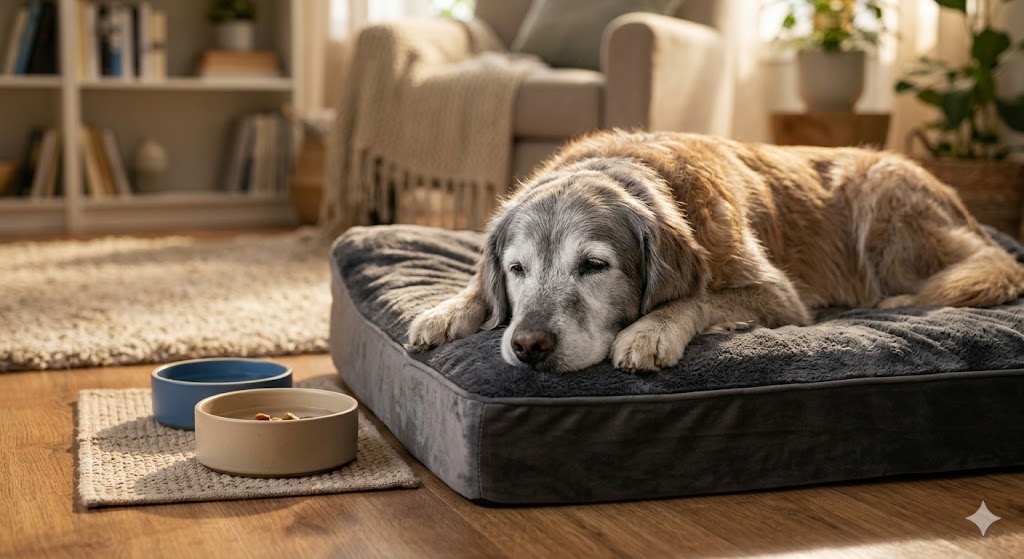 Senior dog with a grey muzzle resting calmly, highlighting the slower metabolism and special diet needs of older dogs