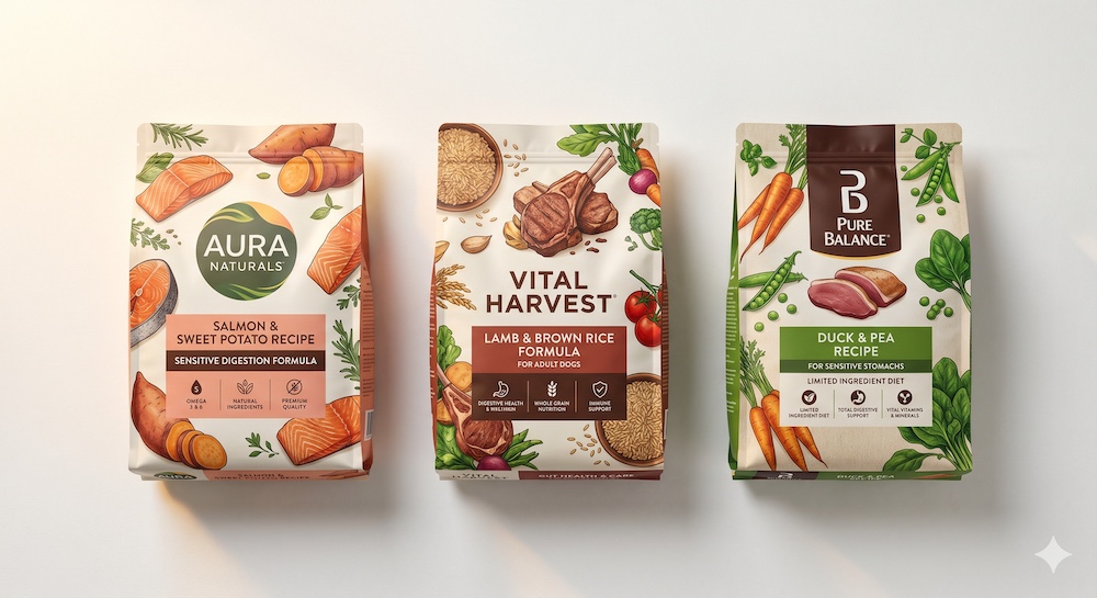 Three premium dog food bags for sensitive stomachs lined up on a clean white surface