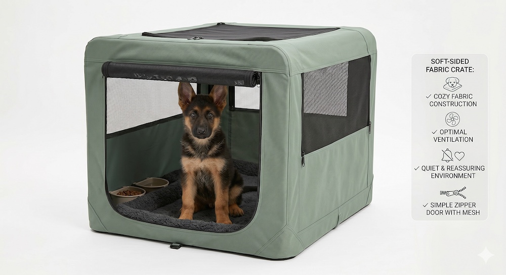 German Shepherd puppy next to a soft-sided fabric crate, illustrating why this type is not recommended for puppies who chew