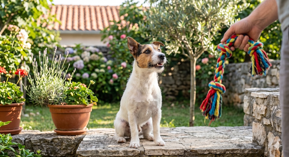 Jack Russell Terrier in a training session, sitting attentively in front of its owner with a toy visible, showing the breed's alert and energetic nature