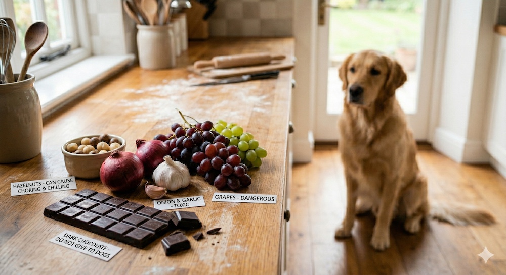 Warning setup of toxic human foods for dogs like grapes, chocolate, and onions on a kitchen counter