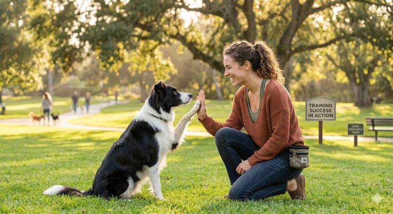 Happy owner rewarding a focused dog in a sunny park, representing a positive and successful dog training guide