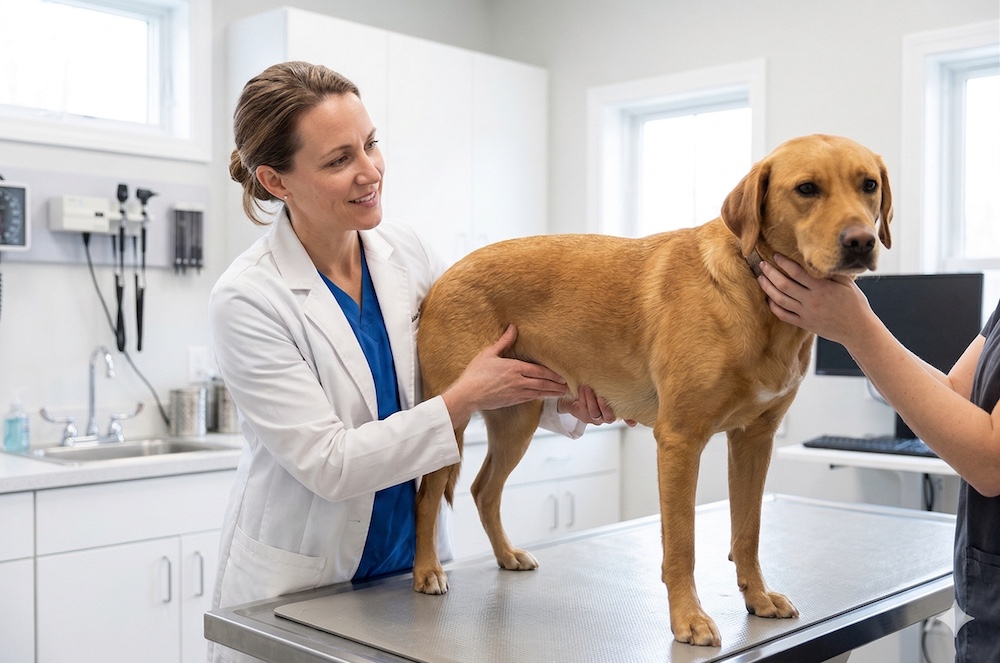 Veterinarian gently examining a dog's abdomen during a digestive health checkup
