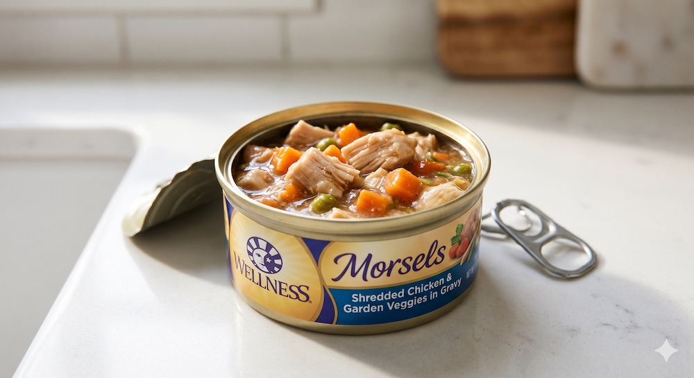 Open can of premium wet cat food showing visible chunks of real chicken and vegetables in gravy, representing high-quality ingredients and moisture content