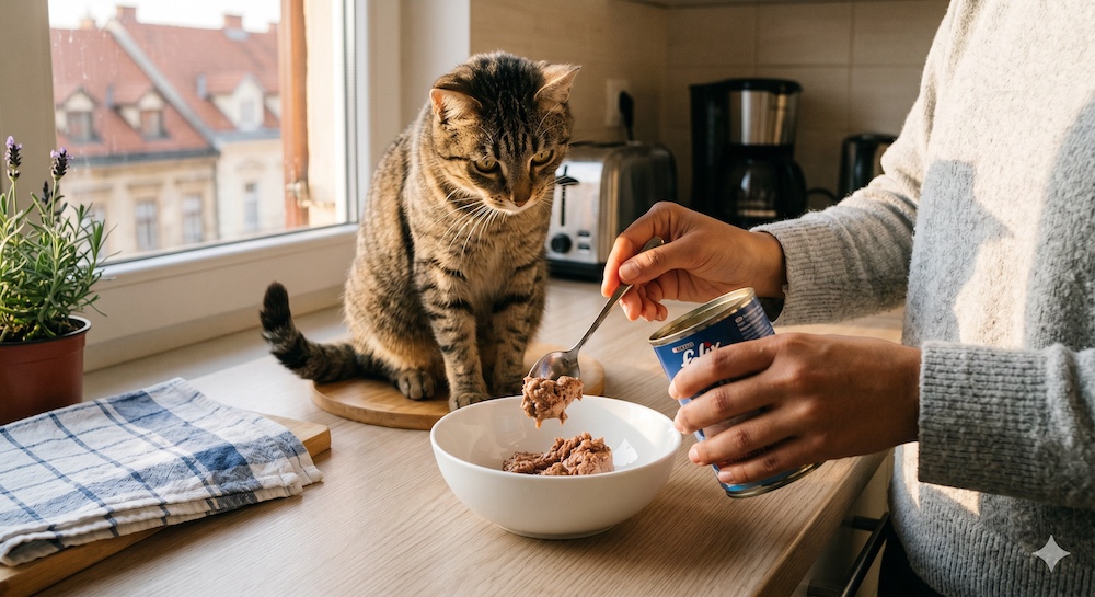 A person spooning wet cat food into a clean ceramic bowl for a cat waiting nearby, showing the preparation and serving of wet cat food at home