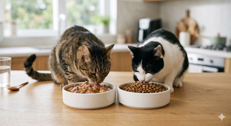 Two cats and side-by-side comparison of a bowl of wet cat food and a bowl of dry cat food kibble, showing the visual difference in moisture content and texture