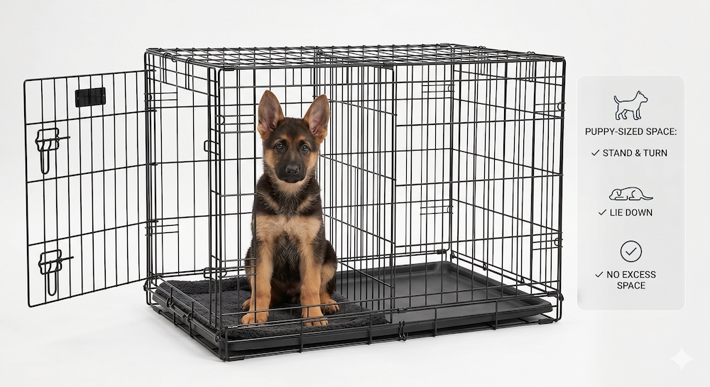 German Shepherd puppy inside an open
wire crate with a soft blanket, showing
good ventilation and visibility