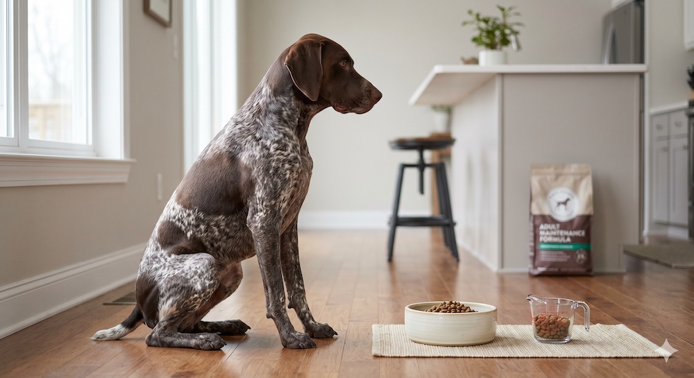 Healthy fit adult dog sitting calmly next to a precisely portioned food bowl, representing the maintenance phase of canine nutrition