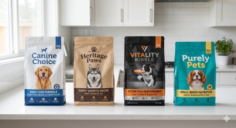 Selection of premium dog food bags from top vet-recommended brands arranged on a clean surface for comparison