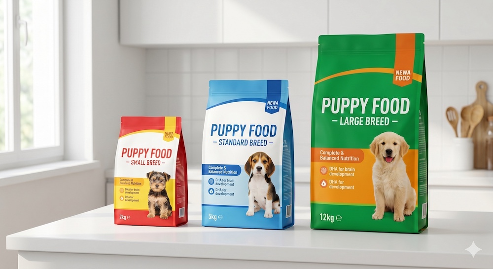 Three top-rated puppy food bags lined up on a clean surface for comparison β small breed, standard, and large breed formulas