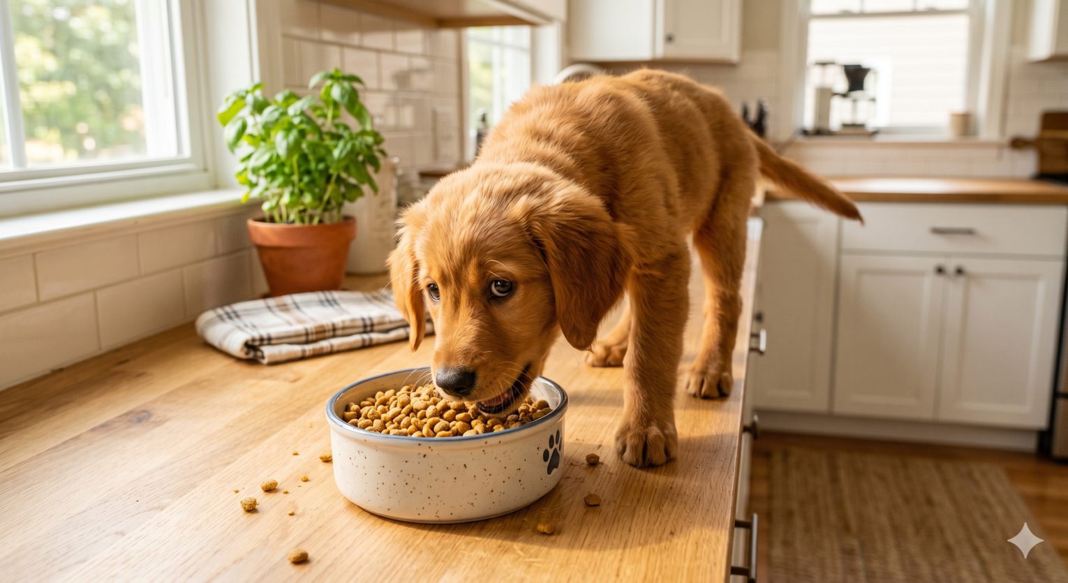 Energetic puppy eating from a bowl of high-quality puppy food, representing the critical nutritional needs of dogs in their first year
