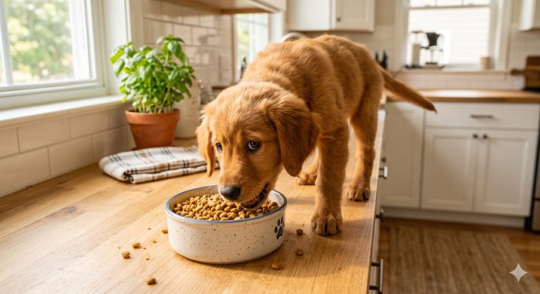 Energetic puppy eating from a bowl of high-quality puppy food, representing the critical nutritional needs of dogs in their first year