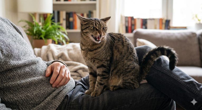 Cat showing pre-bite warning signals — tail lashing, ears rotating sideways — during a petting session
