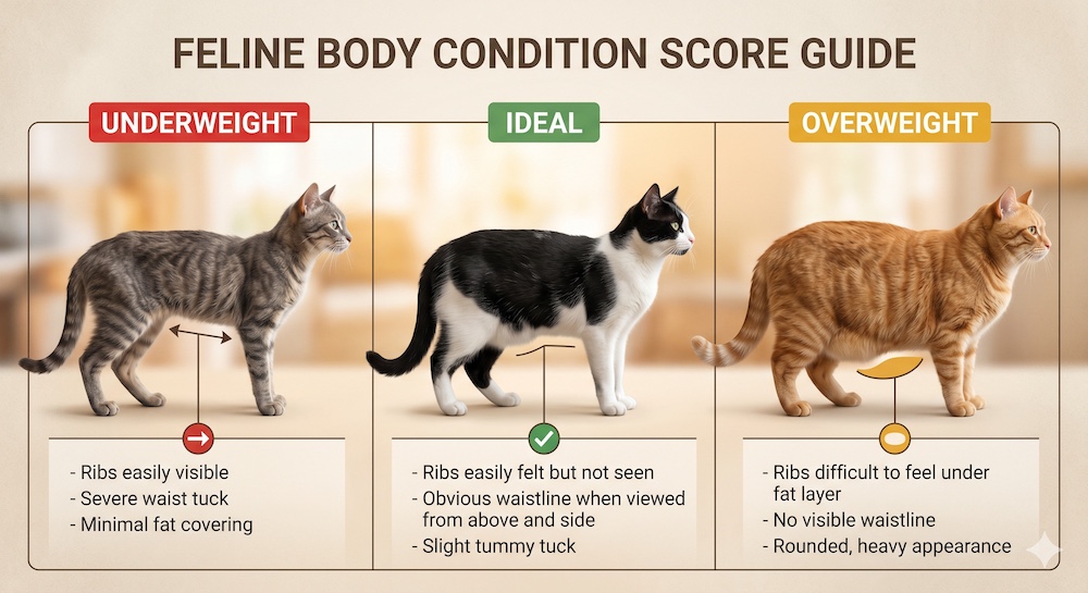 Diagram showing three cat body profiles— underweight, ideal, and overweight—for assessing feline body condition score
