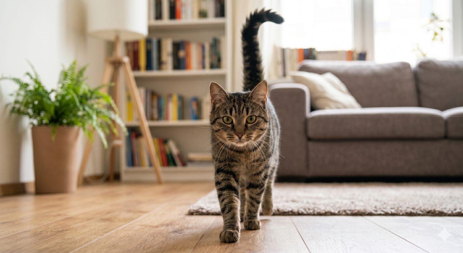 Cat displaying clear body language signals โ upright tail, relaxed ears, soft eyes, showing a confident and comfortable feline