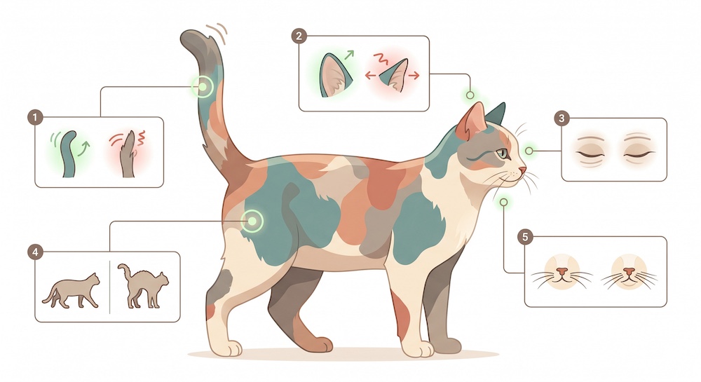 Illustration of a cat showing five body language signals including tail position, ear orientation, and eye contact
