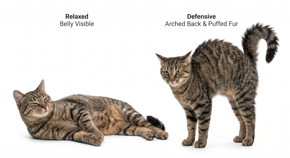Two cats showing contrasting body postures โ one relaxed and open, one tense and defensive โ demonstrating the range of feline postural signals