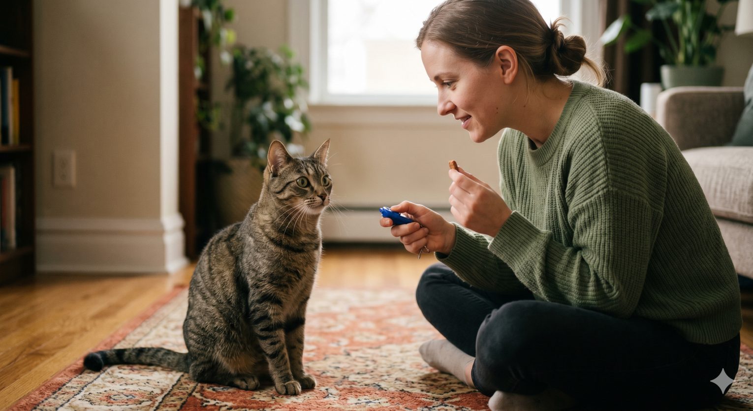 Person using a clicker and treat to train a cat to sit, showing the basic positive reinforcement training setup
