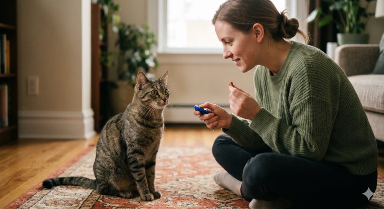 Person using a clicker and treat to train a cat to sit, showing the basic positive reinforcement training setup