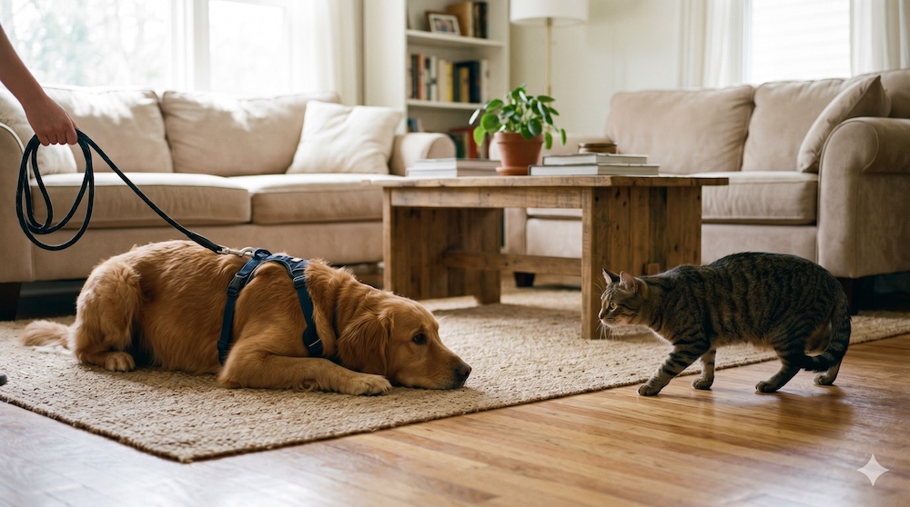 Dog lying calmly on a leash while a cat cautiously approaches from a safe distance, showing a controlled first introduction between a cat and dog
