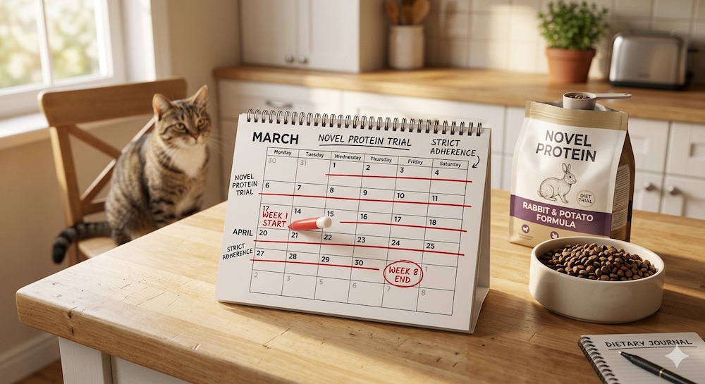 Calendar showing an 8-week cat food elimination diet trial schedule, representing the time commitment required for accurate food allergy diagnosis