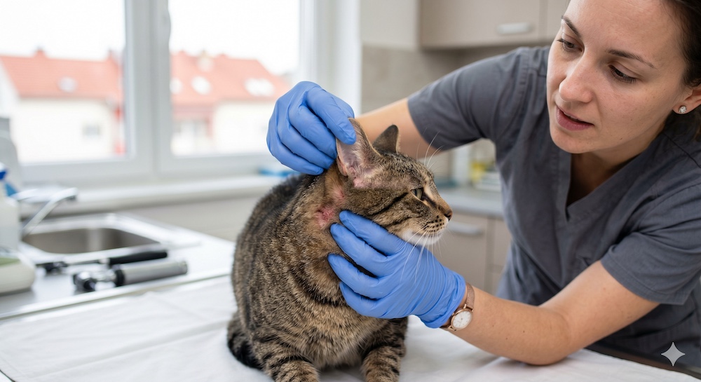Cat being gently examined around the neck and ears, showing the classic symptom areas for feline food allergies
