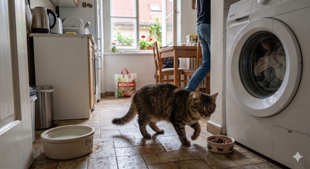 Cat approaching a food bowl placed near a noisy appliance and another pet, showing environmental stressors that cause food refusal