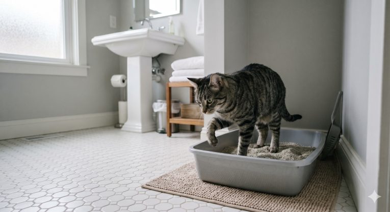 Cat using a clean litter box, showing appropriate litter box behavior in a calm domestic setting