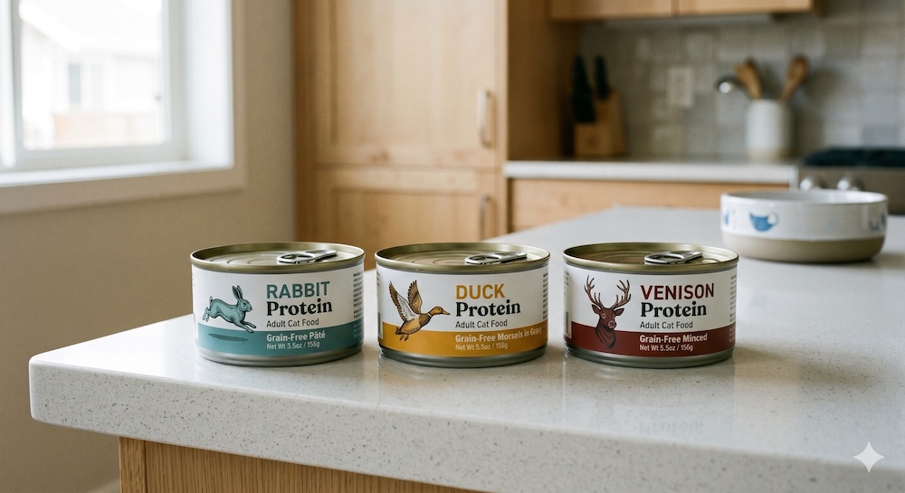 Selection of novel protein cat food options including rabbit and duck, laid out for comparison as elimination diet choices