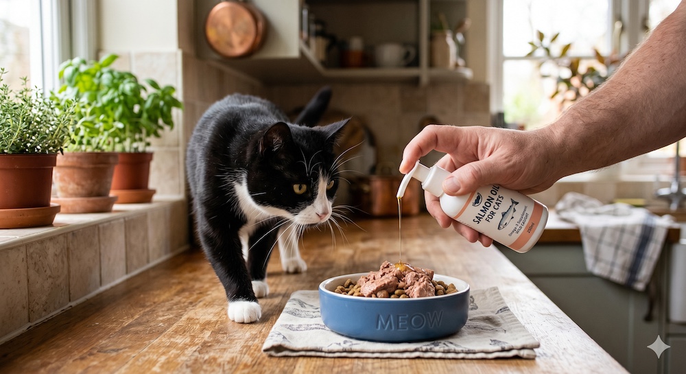 Person adding salmon oil supplement to a cat's food bowl while the cat approaches with interest, showing the correct way to administer liquid omega-3 to cats