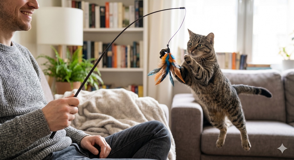 Person playing with a cat using a wand toy, showing appropriate play redirection away from hands