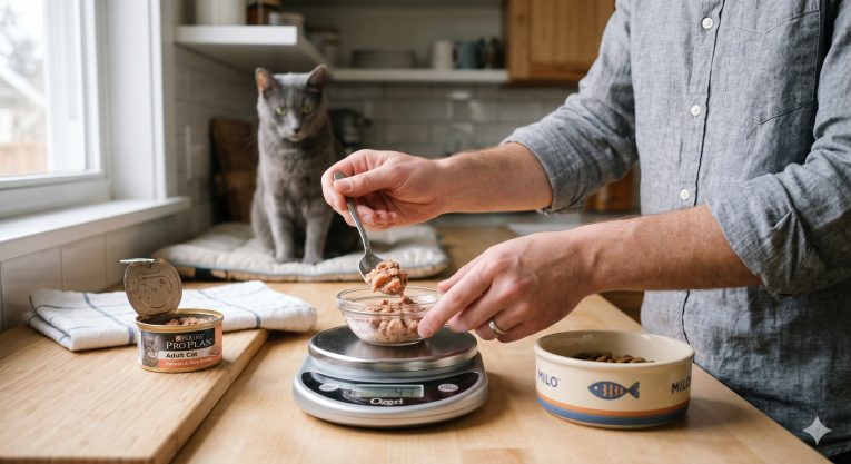 Person measuring wet cat food on a kitchen scale before serving to a cat waiting nearby, representing accurate portion control