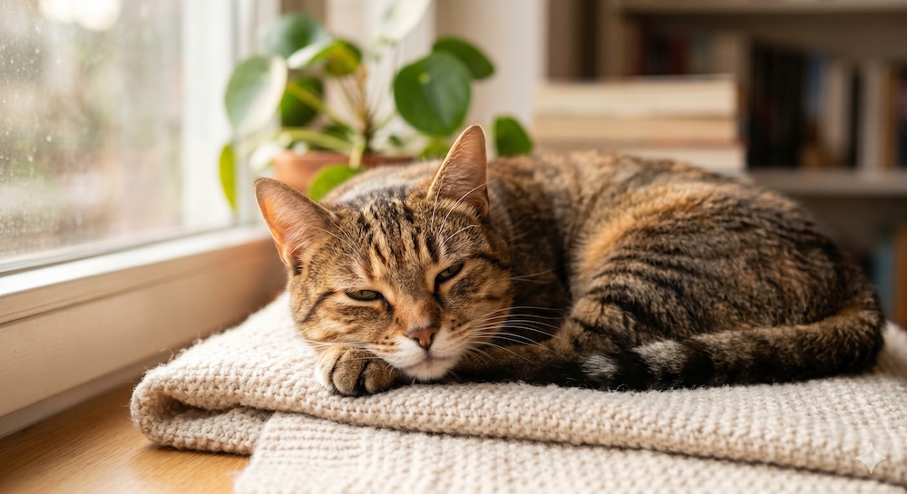 Relaxed tabby cat with forward ears and slow blink showing calm and trusting body language