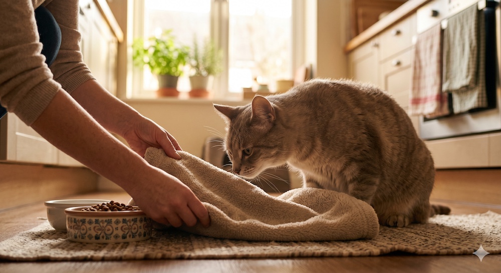 Person placing a soft blanket from one cat near another cat's food bowl, showing the scent swapping technique for gradual feline introductions