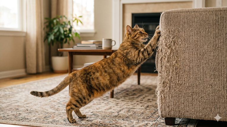 Cat scratching the corner of a fabric sofa, showing the natural scratching behavior that owners want to redirect