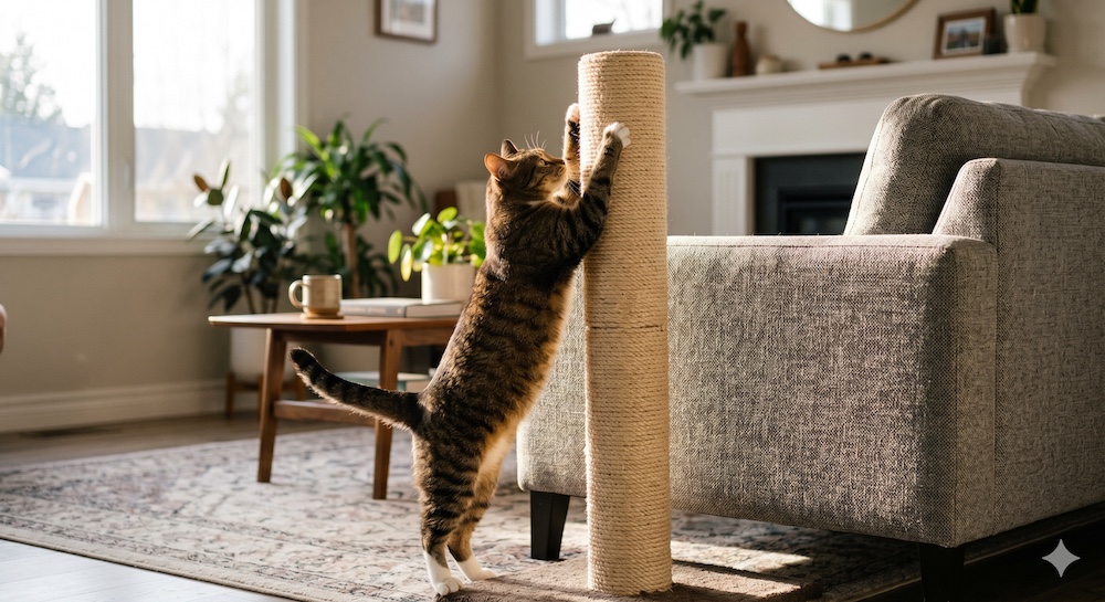 Cat using a tall sisal scratching post placed beside a sofa, showing the correct strategic placement next to the preferred furniture target